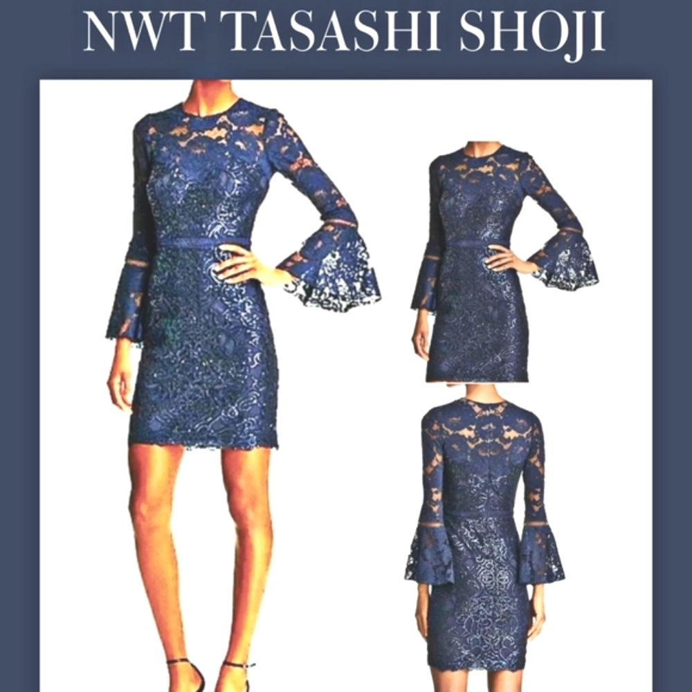 FLASH SALE AMAZING TADASHI SHOJI Dress blue w sequins & detailed embroidery